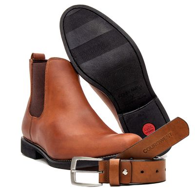 KIT BOTA CHELSEA E CINTO COURO HIDROFUGADO CARAMEL - COUROWEST