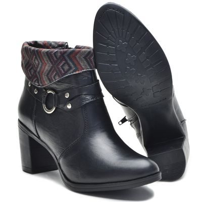 Bota Feminina Cano Curto Salto Grosso Preto/Étnico