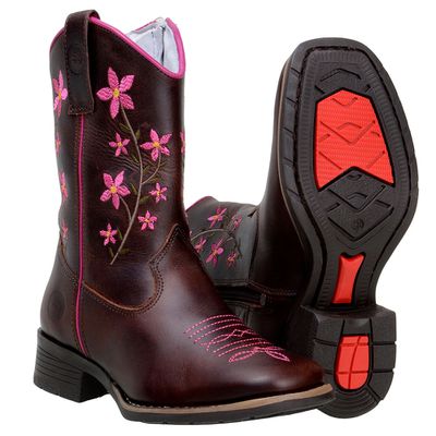 Bota Feminina Infantil Couro Legitimo Cor Café Bordado de Flor - 55275... - CAPELLI BOOTS