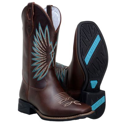 Bota Feminina Cano Médio Em Couro Legítimo Café Bordado Azul - 57233-c... - CAPELLI BOOTS
