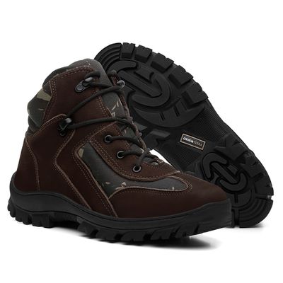 Coturno Couro Bufalado Café/Lona Camuflada Verde -... - COUROETERRA