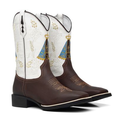 Bota Texana Feminina Bordado Nossa Senhora Apareci... - COUROETERRA