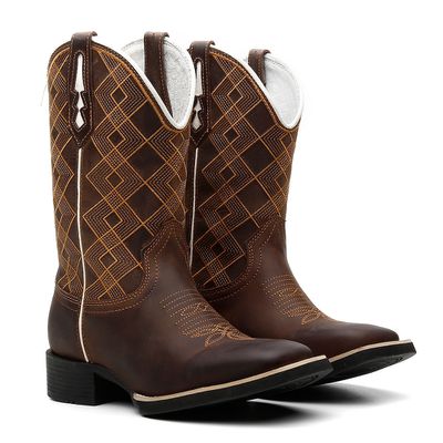 Bota Texana Feminina Bordado Xadrez Cenoura - 716F... - COUROETERRA