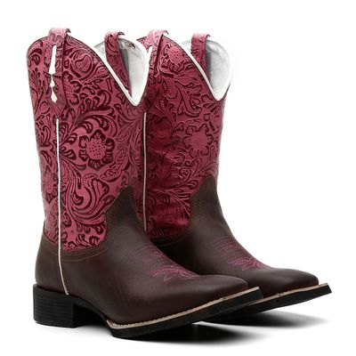 Bota Texana Feminina Crazy Horse Café/Floral Rosa ... - COUROETERRA
