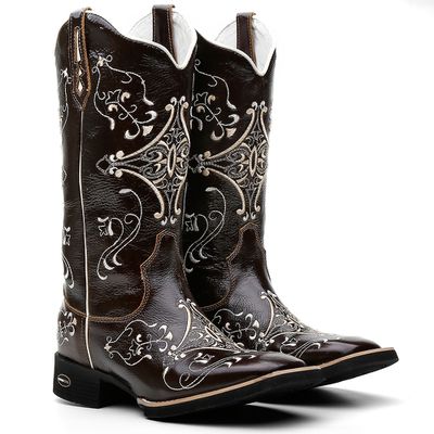 Bota Texana Feminina Splash Café Bordado 902 Bege ... - COUROETERRA