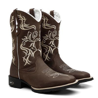 Bota Texana Feminina Crazy Horse Café Bordado Trib... - COUROETERRA