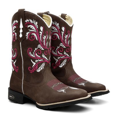 Bota Texana Feminina Crazy Horse Café Bordado Trib... - COUROETERRA