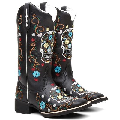 Bota Texana Feminina Bordado 915 Caveira Crazy Hor... - COUROETERRA