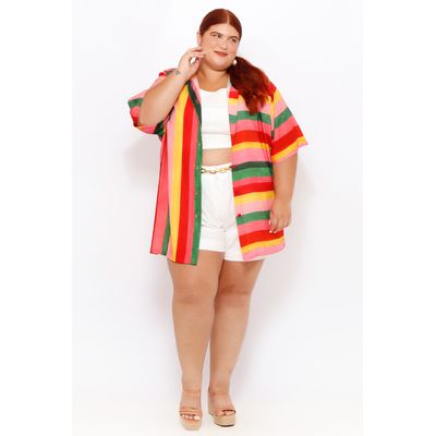 Camisa Manga Curta Listras Color - Plus Size - DELPHINA