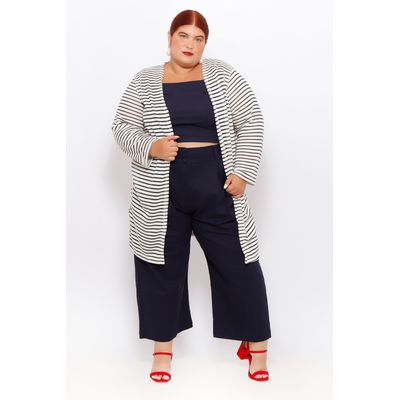 Cardigan Malha Branca Listra Azul - Plus Size - DELPHINA