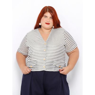 Casaqueto Malha Branca Listra Azul - Plus Size - DELPHINA