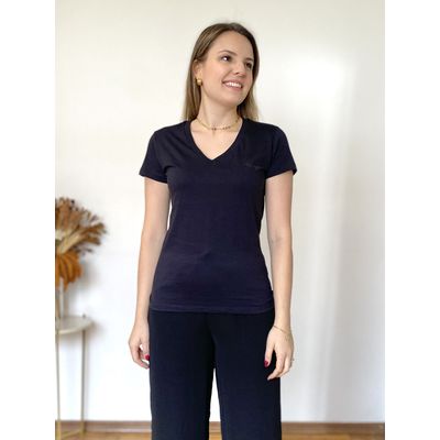 Blusa Básica Algodão Decote V - Preta - DONNA LELLA