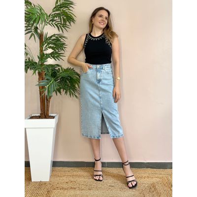 Saia Midi Jeans Fenda - DONNA LELLA