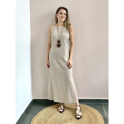 Vestido Linho Fenda Lateral - Areia - DONNA LELLA