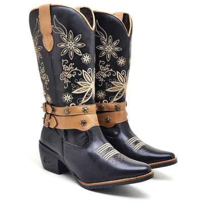 Bota Feminina Western Texana Preta Bordada - Shopfran