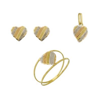 Conjunto De Ouro 18k Coração Diamantado Tricolor