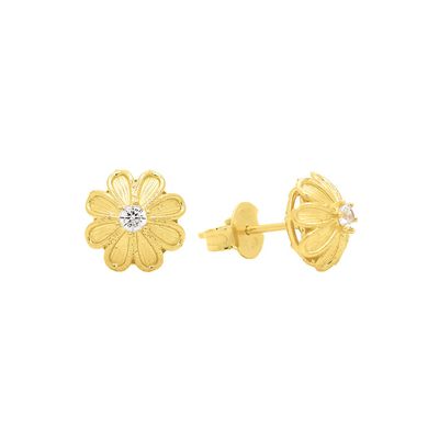 Brinco De Ouro 18k Margarida Com Zircônia 