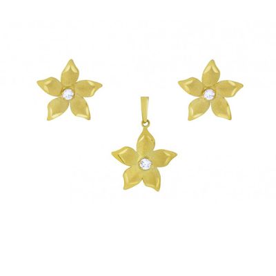 Conjunto De Ouro 18k Flor Com Zircônias