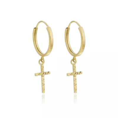 Brinco De Ouro 18k Argola Com Pingente Cruz - 102819 - Fábrica do Ouro ®️