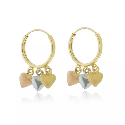Brinco De Ouro 18k Argola Com Pingentes Corações Tricolor - 102818 - Fábrica do Ouro ®️