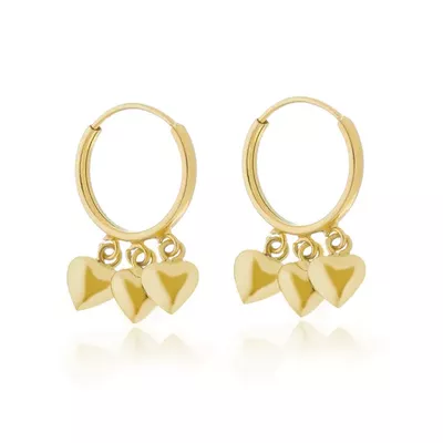 Brinco De Ouro 18k Argola Com Pingentes Trio de Corações - 103034 - Fábrica do Ouro ®️