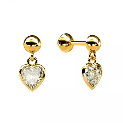 Brinco De Ouro 18k Com Pedra De Zircônia Coração 3mm