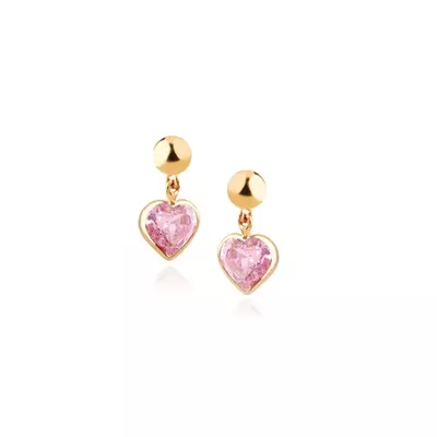 Brinco De Ouro 18k Com Pedra De Zircônia Rosa Coração 4mm - 103218 - Fábrica do Ouro ®️