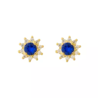 Brinco De Ouro 18k Flor Azul de Zircônias - 103205 - Fábrica do Ouro ®️