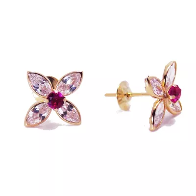 Brinco De Ouro 18k Flor De Zircônias Navete - 100045 - Fábrica do Ouro ®️