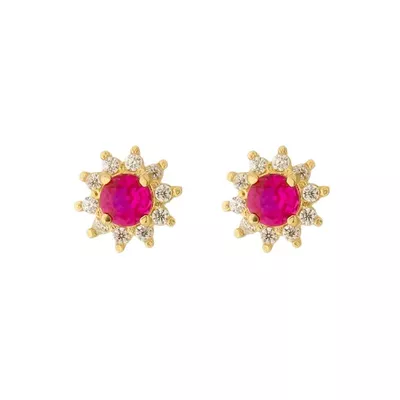 Brinco De Ouro 18k Flor Rubi de Zircônias - 103207 - Fábrica do Ouro ®️