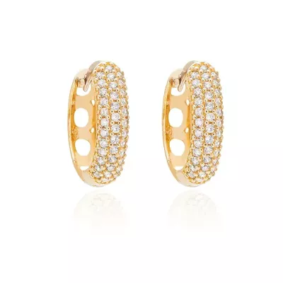 Brinco De Ouro 18k Meia Argola Com Zircônias Vazado - 103242 - Fábrica do Ouro ®️