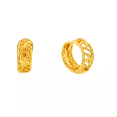 Brinco De Ouro 18k Meia argola trabalhada com flor - 103075 - Fábrica do Ouro ®️