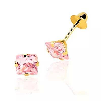 Brinco De Ouro 18k Zircônia Carrê Rosa De 4mm - 102566 - Fábrica do Ouro ®️