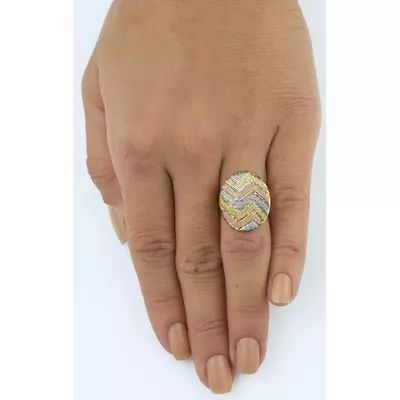 Anel De Ouro 18k Botão Zigzag Tricolor Diamantado