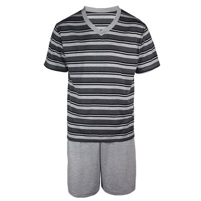 Pijama masculino curto, camiseta com gola V e shorts. Tecido PV, Camiseta (73% poliéster e 27% viscose), shorts (65% poliéster e 35% viscose). Na cor cinza. 