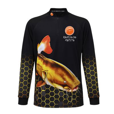 Camisa de Pesca Masculina Pirarara Rancho do Matuto Leve Fresca Conforto - Preto/Amarelo/Laranja