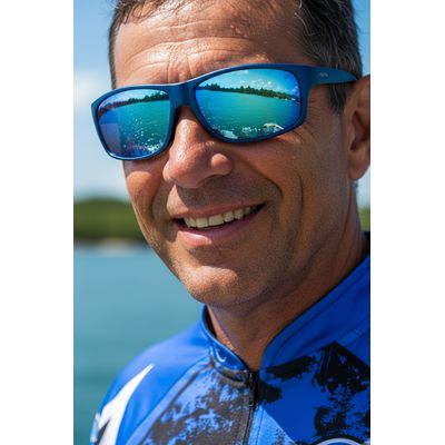 Óculos Solar Pescaria Polarizado Lente Espelhada Resistente Flexível Proteção UV +400 - Azul/Azul/Azul