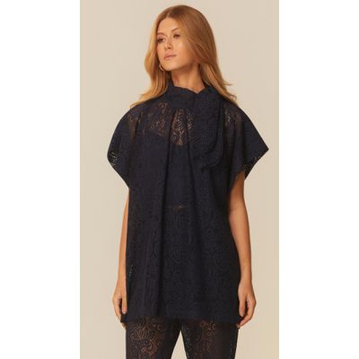 Blusa Ampla com Gola Laço Azul Marinho