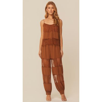 Calça Cintura Alta com Renda Marrom