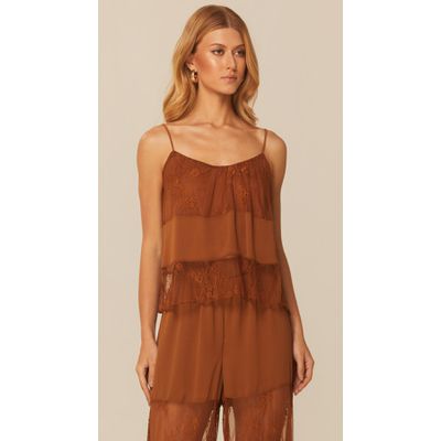Blusa de Alça com Renda Marrom