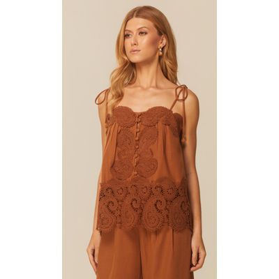 Blusa de Alça com Detalhe em Renda Marrom