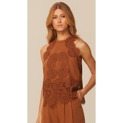 Blusa sem Mangas com Detalhe em Renda Marrom
