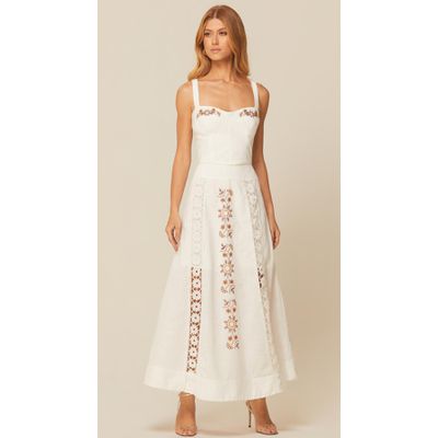 Saia Midi com Renda e Bordado Off 