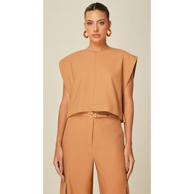 Blusa Cropped em Alfaiataria Marrom Claro