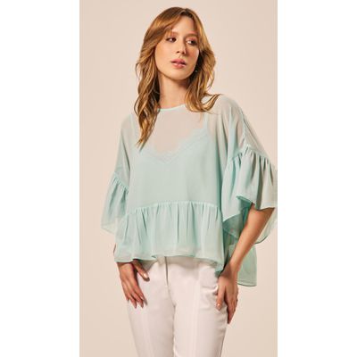 Blusa Manga 3/4 com Babado Verde Claro