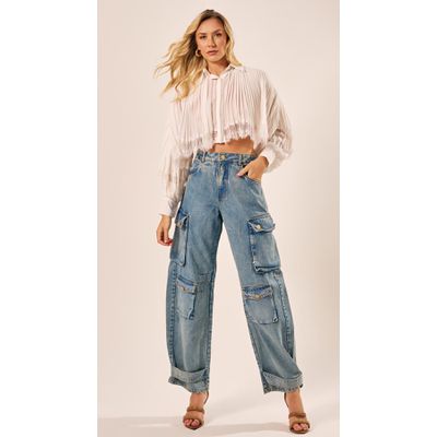 Calça Cargo em Jeans Azul