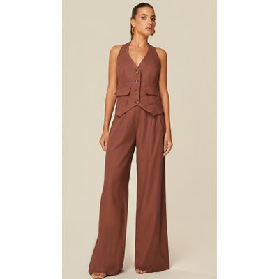 Calça Pantalona em Linho Chocolate