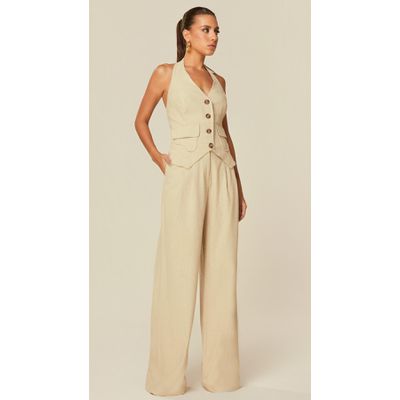 Calça Pantalona em Linho Bege