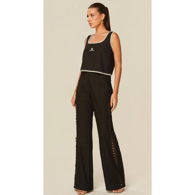 Calça Cintura Alta com Detalhe em Renda Preto