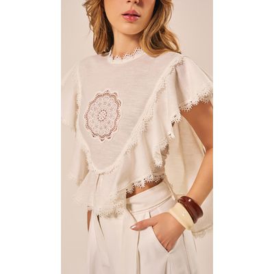 Blusa Cropped com Bordado Rechilieu Off